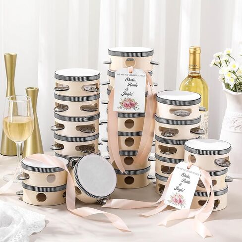 24 Set 4 Inch Tambourine for Adults Tambourines Bulk Wooden Hand Held Drum with Metal Jingles, Gift Tags, Beige Ribbon Percussion Gift Musical Instrument for Church Wedding Party Favor in Kuwait