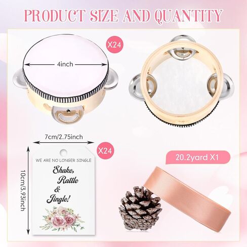 24 Set 4 Inch Tambourine for Adults Tambourines Bulk Wooden Hand Held Drum with Metal Jingles, Gift Tags, Beige Ribbon Percussion Gift Musical Instrument for Church Wedding Party Favor in Kuwait