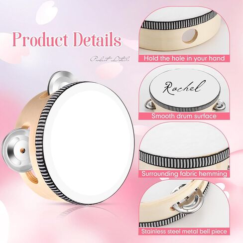 24 Set 4 Inch Tambourine for Adults Tambourines Bulk Wooden Hand Held Drum with Metal Jingles, Gift Tags, Beige Ribbon Percussion Gift Musical Instrument for Church Wedding Party Favor in Kuwait