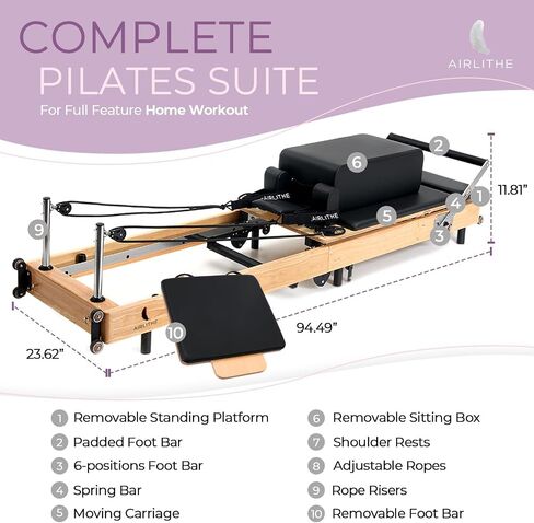 Foldable Pilates Reformer Machine. Wooden Frame Reformer Machine with Strings, Versatile Accessories & 50+ Expert-Guided Workouts. Home Equipment for Strength Training, Rehabilitation, & Flexibility in Saudi Arabia