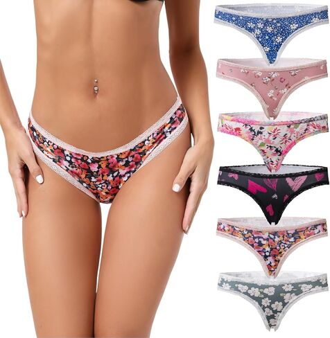 6-Pack Sexy Lace-Trimmed Women's Low-Rise Panties - Floral Print Design, Breathable & Stylish Underwear in Saudi Arabia