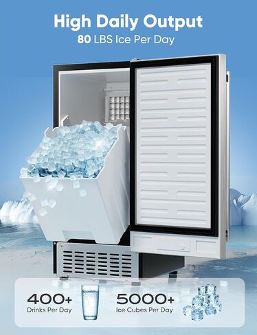 80Lbs/ Day Commercial Under Counter Ice Maker Machine, Stainless Steel Built-in Freestanding Ice Maker with 30LBS Ice Storage, Perfect for Commercial & Home Use, Gravity Drainage in Saudi Arabia