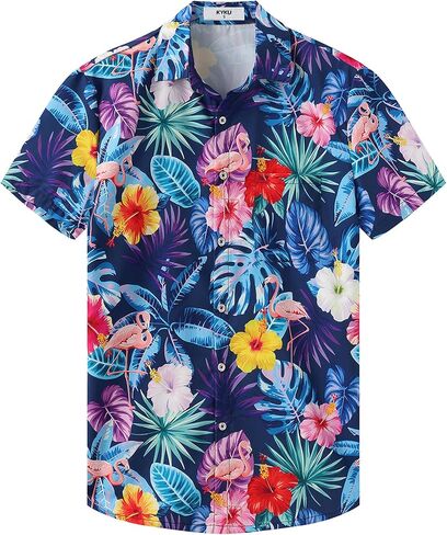 KYKU Hawaiian Shirt Button Men: Short Sleeve Clothes Parrots Print Multicolor XL in Saudi Arabia