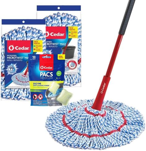 O-Cedar Microtwist Max Microfiber Twist Mop مع 2 عبوات إضافية | يتميز بالهبوط الخالي من اليدين | رأس ممسحة كبير 18 بوصة | آمنة في جميع أنواع الطابق ، الأحمر in Kuwait