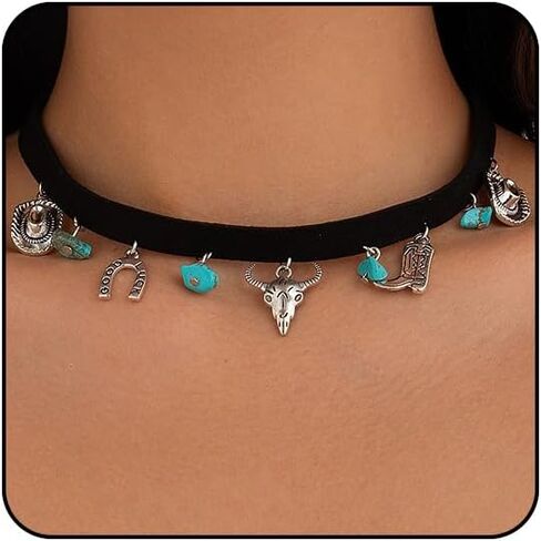 Western Necklaces for Women Boho Jewelry for Women Layered Black Leather Choker Necklace Country Necklace Cowboy Necklace Cowgirl Accessories Bohemian Boho Necklaces for Women Western Jewelry in Kuwait