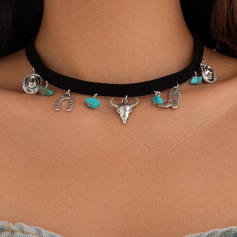 Western Necklaces for Women Boho Jewelry for Women Layered Black Leather Choker Necklace Country Necklace Cowboy Necklace Cowgirl Accessories Bohemian Boho Necklaces for Women Western Jewelry in Kuwait