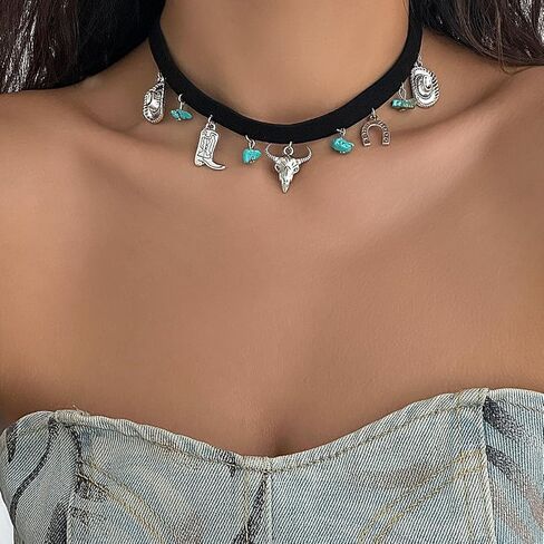 Western Necklaces for Women Boho Jewelry for Women Layered Black Leather Choker Necklace Country Necklace Cowboy Necklace Cowgirl Accessories Bohemian Boho Necklaces for Women Western Jewelry in Kuwait
