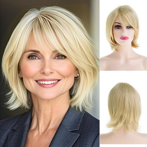 Baruisi Highlight Blonde Bob Wig with Bangs Short Straight Synthetic Dark Roots Women Wig Daily Party Use in Saudi Arabia