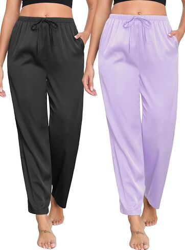 Veseacky Womens Silk Satin Pajama Pants Lounge Pants Drawstring Elastic Waist Wide Leg Pj Bottoms with Pockets 2 Pack in Kuwait