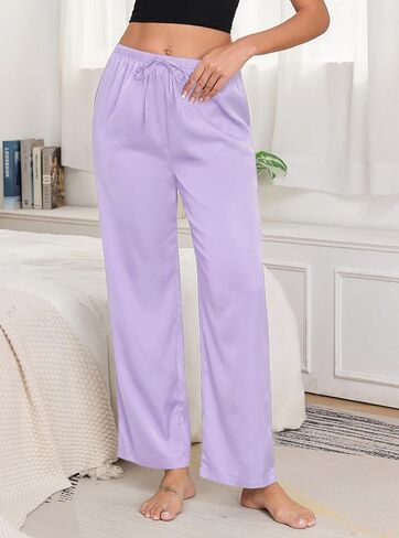 Veseacky Womens Silk Satin Pajama Pants Lounge Pants Drawstring Elastic Waist Wide Leg Pj Bottoms with Pockets 2 Pack in Kuwait