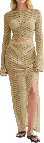 Fisoew Womens 2 Piece Swimsuit Coverup Summer Hollow Out Crop Tops Maxi Skirt Sets Bathing Suit Beach Vacation Outfits in Saudi Arabia