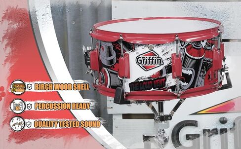 Griffin 14 "X 6.5" Birch Wood Snare Drum (Edition Limited) - Wrap Custom Graphic Shell (The Loud Vent) - مجموعة الإيقاع مع المفتاح ، 8 العروات والمصفاة in Saudi Arabia