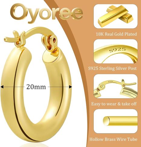 Hoop Earrings for Women, 18K Gold Plated Hoops Earrings, Hypoallergenic Lightweight Comfort Hollow Tube Hoops with Secure Push Lock, Chunky and Sleek Gold Hoops Large Earrings 40MM in Saudi Arabia