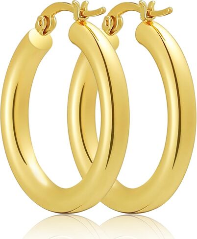 Hoop Earrings for Women, 18K Gold Plated Hoops Earrings, Hypoallergenic Lightweight Comfort Hollow Tube Hoops with Secure Push Lock, Chunky and Sleek Gold Hoops Large Earrings 40MM in Saudi Arabia