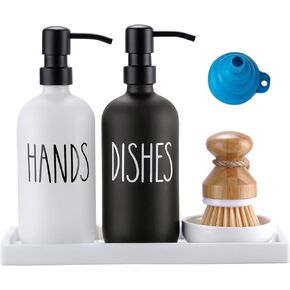 Glass Soap Dispenser for Kitchen Sink, Farmhouse Dish Hand Soap Dispenser Set, Rustproof Pump Dispenser Set with Tray and Dish Brush, Kitchen Decor（White） in Saudi Arabia