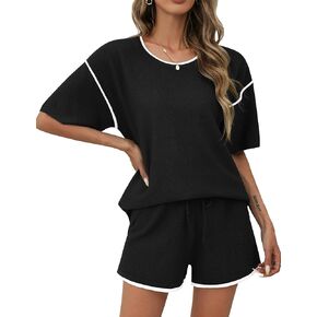 Ekouaer 2 Piece Sets for Women Summer Outfits Casual Short Sleeve Knit Sweater Tops Matching Shorts Tracksuit Lounge Sets in Kuwait