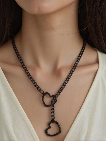 Heart Slip Chain Necklaces for Women Punk Cuban Gothic Black Heart Slip Chain Necklaces Stainless Steel O-Ring Adjustable Lariat Y-Necklace for women in Saudi Arabia