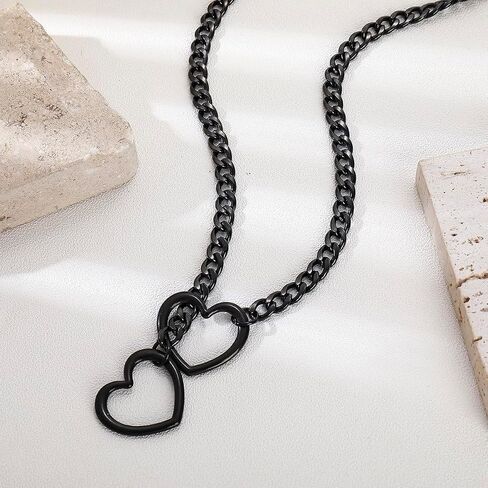 Heart Slip Chain Necklaces for Women Punk Cuban Gothic Black Heart Slip Chain Necklaces Stainless Steel O-Ring Adjustable Lariat Y-Necklace for women in Saudi Arabia