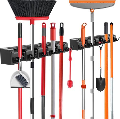 Nacena Broom Holder Wall Mount ، 2 عبوات جدار أسود معلق أداة حديقة وأداة فائدة منظم Mop & Broom Hook مثبتة مكنسة عالية التحمل وجدار منظم Mop معلق للحمام ، المطبخ in Kuwait