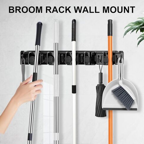 Nacena Broom Holder Wall Mount ، 2 عبوات جدار أسود معلق أداة حديقة وأداة فائدة منظم Mop & Broom Hook مثبتة مكنسة عالية التحمل وجدار منظم Mop معلق للحمام ، المطبخ in Kuwait