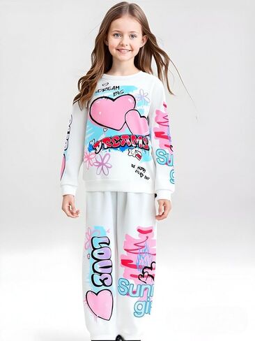 Kids Toddler Girl Clothes Heart Letter Print Long-sleeved round collar top+Letter Print Pants Outfits Set in Saudi Arabia
