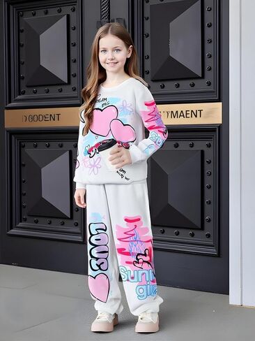 Kids Toddler Girl Clothes Heart Letter Print Long-sleeved round collar top+Letter Print Pants Outfits Set in Saudi Arabia