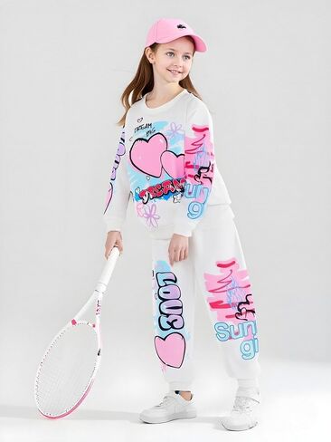 Kids Toddler Girl Clothes Heart Letter Print Long-sleeved round collar top+Letter Print Pants Outfits Set in Saudi Arabia