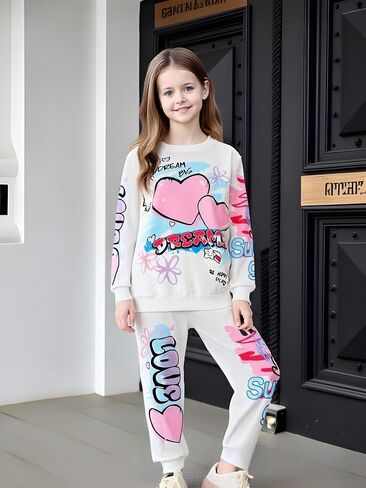 Kids Toddler Girl Clothes Heart Letter Print Long-sleeved round collar top+Letter Print Pants Outfits Set in Saudi Arabia