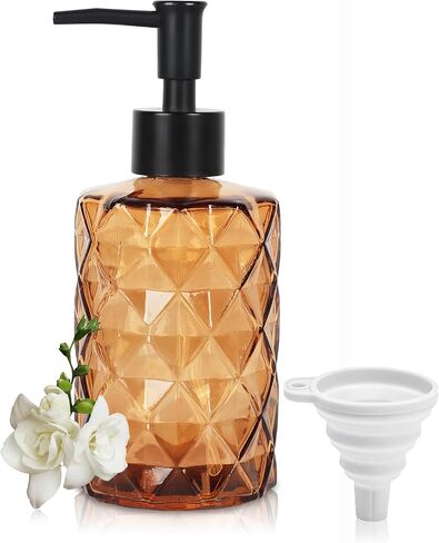 Brown Glass Soap Dispenser, 11 Oz/330ml Liquid Hand Soap Dispenser Set for Kitchen Sink and Bathroom, Dish Lotion Dispenser Set, Diamond Lotion Bottles with Black Pump&Funnel in Kuwait