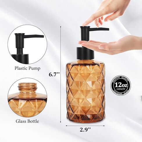 Brown Glass Soap Dispenser, 11 Oz/330ml Liquid Hand Soap Dispenser Set for Kitchen Sink and Bathroom, Dish Lotion Dispenser Set, Diamond Lotion Bottles with Black Pump&Funnel in Kuwait