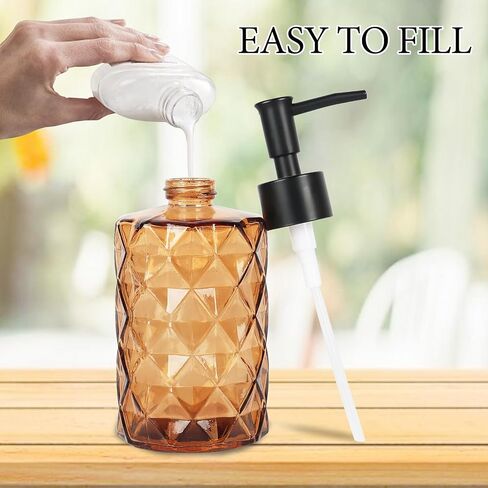 Brown Glass Soap Dispenser, 11 Oz/330ml Liquid Hand Soap Dispenser Set for Kitchen Sink and Bathroom, Dish Lotion Dispenser Set, Diamond Lotion Bottles with Black Pump&Funnel in Kuwait