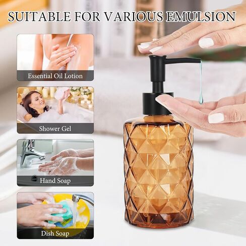 Brown Glass Soap Dispenser, 11 Oz/330ml Liquid Hand Soap Dispenser Set for Kitchen Sink and Bathroom, Dish Lotion Dispenser Set, Diamond Lotion Bottles with Black Pump&Funnel in Kuwait