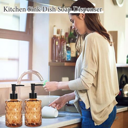 Brown Glass Soap Dispenser, 11 Oz/330ml Liquid Hand Soap Dispenser Set for Kitchen Sink and Bathroom, Dish Lotion Dispenser Set, Diamond Lotion Bottles with Black Pump&Funnel in Kuwait