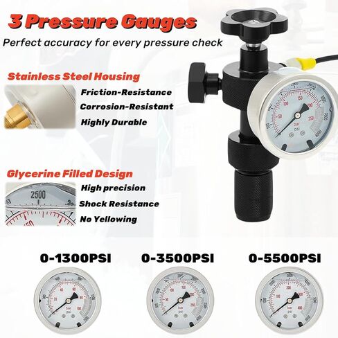 Nitrogen Fill Kit, Hydraulic Nitrogen Accumulator Charging Kit, Nitrogen Pressure Test System with 3 Gauges 1300 3500 5500 psi, 6 Adapters, Gas Hose & Main Valve Body Mixizap in Kuwait