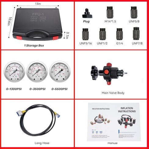 Nitrogen Fill Kit, Hydraulic Nitrogen Accumulator Charging Kit, Nitrogen Pressure Test System with 3 Gauges 1300 3500 5500 psi, 6 Adapters, Gas Hose & Main Valve Body Mixizap in Kuwait