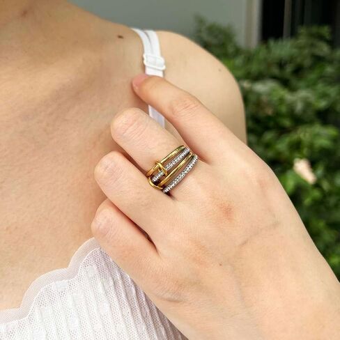 Gold Stackable Rings for Women Non Tarnish, 18k Gold Plated Cubic Zirconia Rings, Silver Multi-Link Connected Knuckle Women Stack Rings Set in Saudi Arabia
