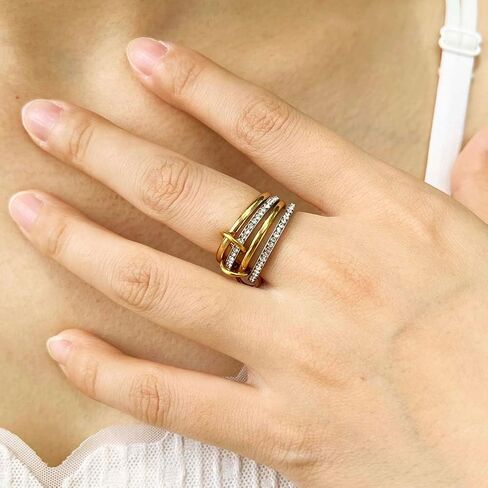 Gold Stackable Rings for Women Non Tarnish, 18k Gold Plated Cubic Zirconia Rings, Silver Multi-Link Connected Knuckle Women Stack Rings Set in Saudi Arabia
