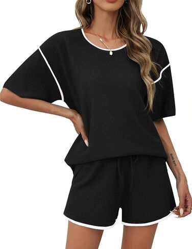 Ekouaer 2 Piece Sets for Women Summer Outfits Casual Short Sleeve Knit Sweater Tops Matching Shorts Tracksuit Lounge Sets in Kuwait