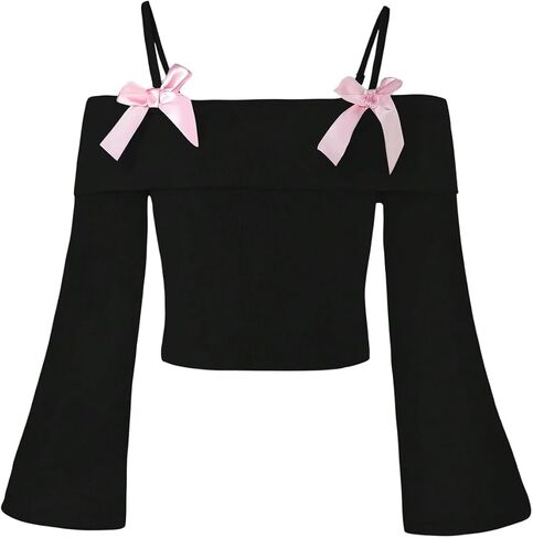 WDIRARA Girl's Cold Shoulder Bow Top Long Bell Sleeve Tee Shirt Cute T-Shirt in Saudi Arabia