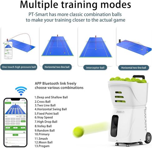 pusun-smart tennis ball machine pt-smart-100+ سعة الكرة ، والتحكم الكامل في التطبيق ، و 12 طريقة ثابتة ، مثالية للتدريب والمباريات in Kuwait