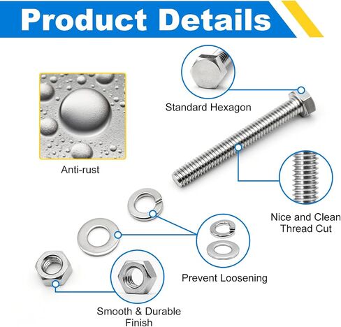 3/8-16 x 3 Hex Bolts Set, 5 Sets 3/8"-16 Thread 3 Inches Long, Hexagon Bolt Nuts, Flat & Lock Washers, Stainless Steel 304 Right Hand Fully Thread Heavy Duty Hex Bolts Assortment Kit in Saudi Arabia