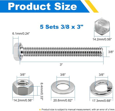 3/8-16 x 3 Hex Bolts Set, 5 Sets 3/8"-16 Thread 3 Inches Long, Hexagon Bolt Nuts, Flat & Lock Washers, Stainless Steel 304 Right Hand Fully Thread Heavy Duty Hex Bolts Assortment Kit in Saudi Arabia