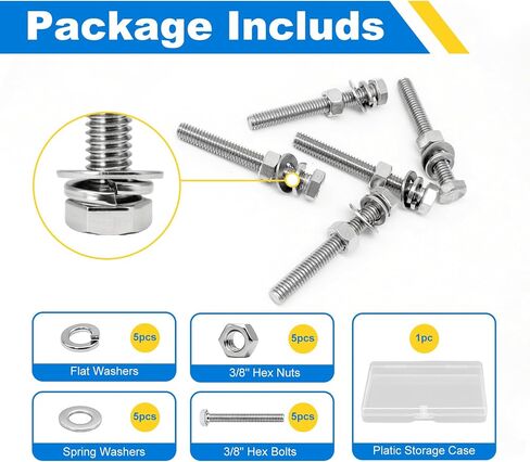 3/8-16 x 3 Hex Bolts Set, 5 Sets 3/8"-16 Thread 3 Inches Long, Hexagon Bolt Nuts, Flat & Lock Washers, Stainless Steel 304 Right Hand Fully Thread Heavy Duty Hex Bolts Assortment Kit in Saudi Arabia