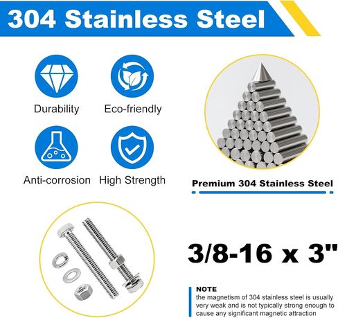 3/8-16 x 3 Hex Bolts Set, 5 Sets 3/8"-16 Thread 3 Inches Long, Hexagon Bolt Nuts, Flat & Lock Washers, Stainless Steel 304 Right Hand Fully Thread Heavy Duty Hex Bolts Assortment Kit in Saudi Arabia