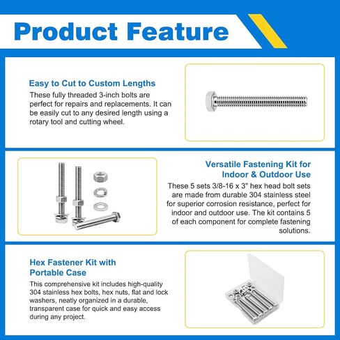 3/8-16 x 3 Hex Bolts Set, 5 Sets 3/8"-16 Thread 3 Inches Long, Hexagon Bolt Nuts, Flat & Lock Washers, Stainless Steel 304 Right Hand Fully Thread Heavy Duty Hex Bolts Assortment Kit in Saudi Arabia