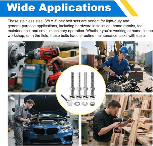 3/8-16 x 3 Hex Bolts Set, 5 Sets 3/8"-16 Thread 3 Inches Long, Hexagon Bolt Nuts, Flat & Lock Washers, Stainless Steel 304 Right Hand Fully Thread Heavy Duty Hex Bolts Assortment Kit in Saudi Arabia