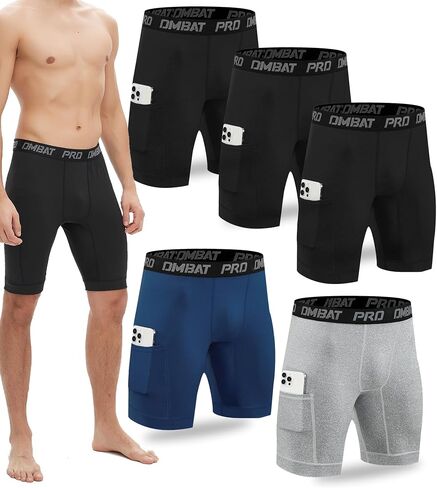 5 Pack Compression Shorts Men with Pocket Spandex Athletic Baselayer Shorts Quick Dry Compression Sports Underwear in Kuwait
