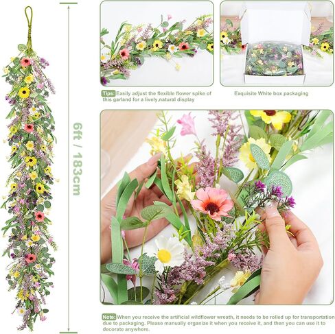 6.5 ft Artificial Wildflower Garland Wisteria Lavender Garland Daisy Lavender Faux Floral Vine Summer Spring Floral Fake Garland All Year Round Home Decor for Indoor Outdoor Home Wedding Arch in Kuwait