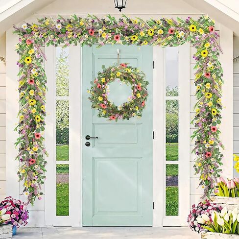 6.5 ft Artificial Wildflower Garland Wisteria Lavender Garland Daisy Lavender Faux Floral Vine Summer Spring Floral Fake Garland All Year Round Home Decor for Indoor Outdoor Home Wedding Arch in Kuwait
