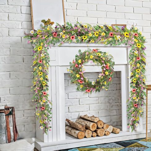 6.5 ft Artificial Wildflower Garland Wisteria Lavender Garland Daisy Lavender Faux Floral Vine Summer Spring Floral Fake Garland All Year Round Home Decor for Indoor Outdoor Home Wedding Arch in Kuwait